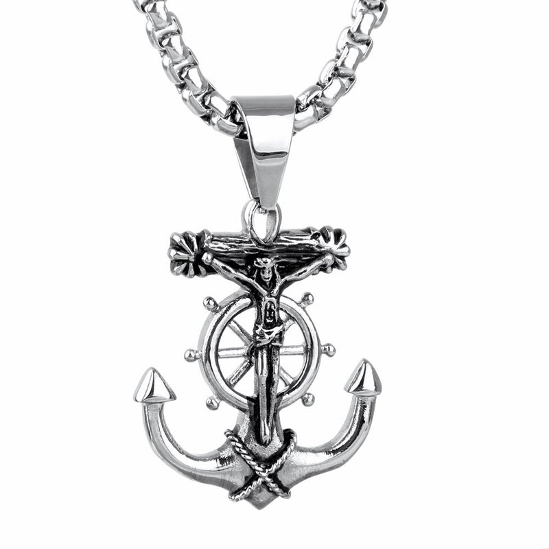 JAJAFOOK Men's Stainless Steel Silver Nautical Anchor Jesus Cross Necklace Chain Link - Image 1